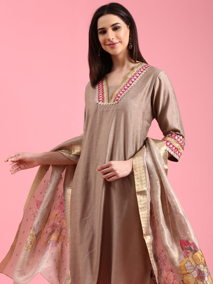 Beige Modal Silk Three Piece Suit Set