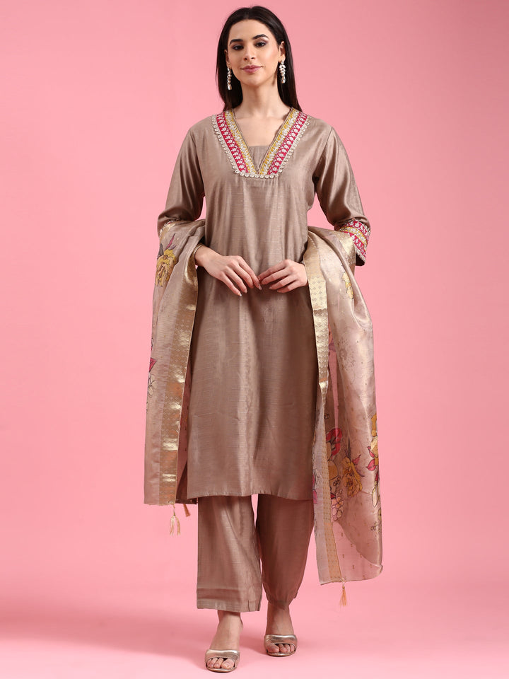 Beige Modal Silk Three Piece Suit Set