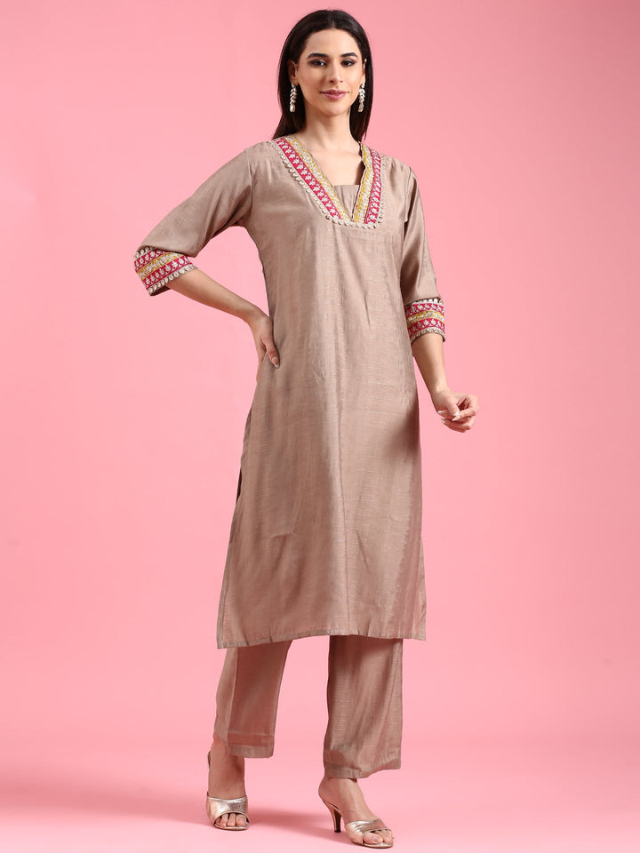 Beige Modal Silk Three Piece Suit Set