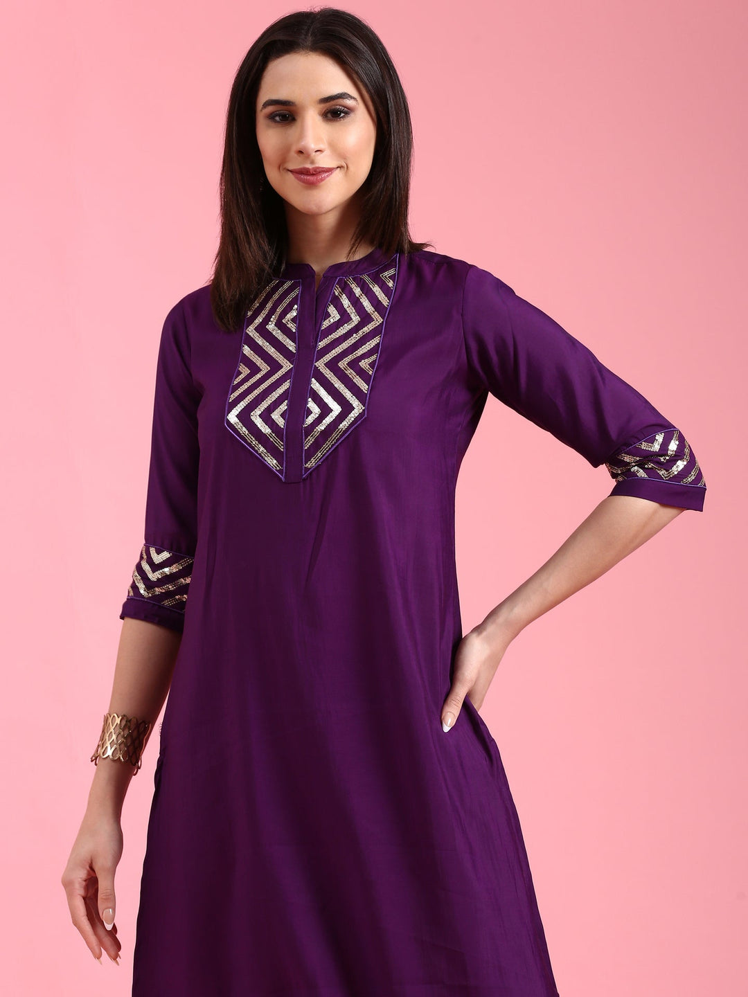 Neerus Purple silk kurta set - detail view 2