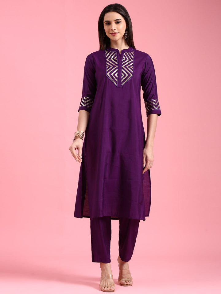 Neerus Purple silk kurta set - front view