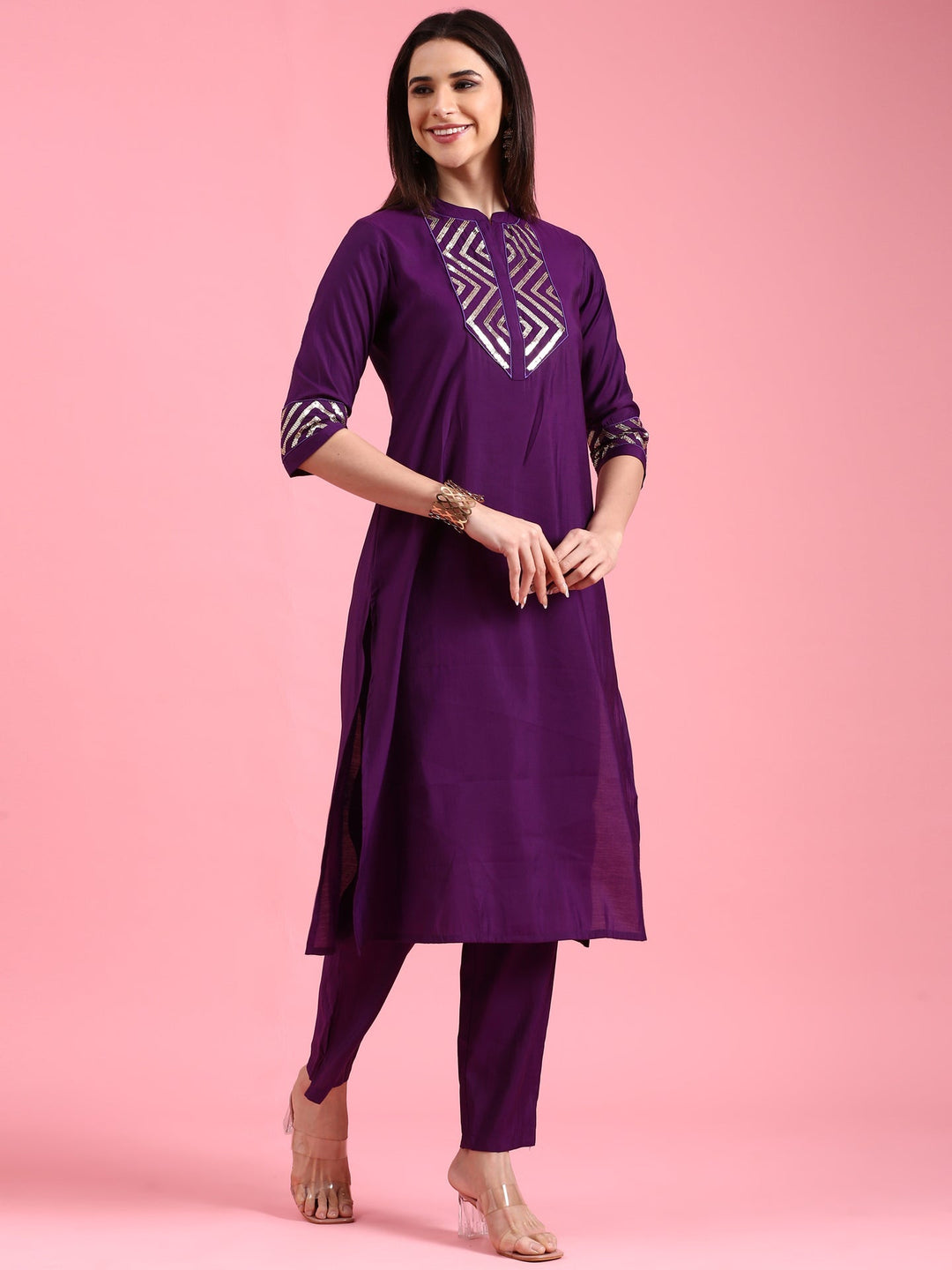 Neerus Purple silk kurta set - back view