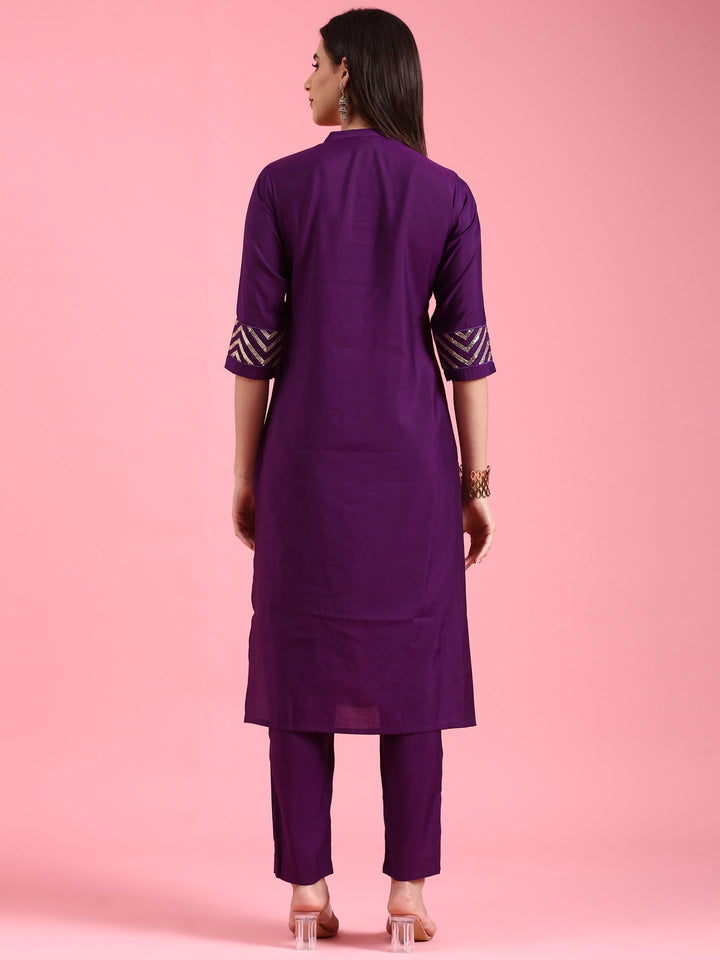 Neerus Purple silk kurta set - side view