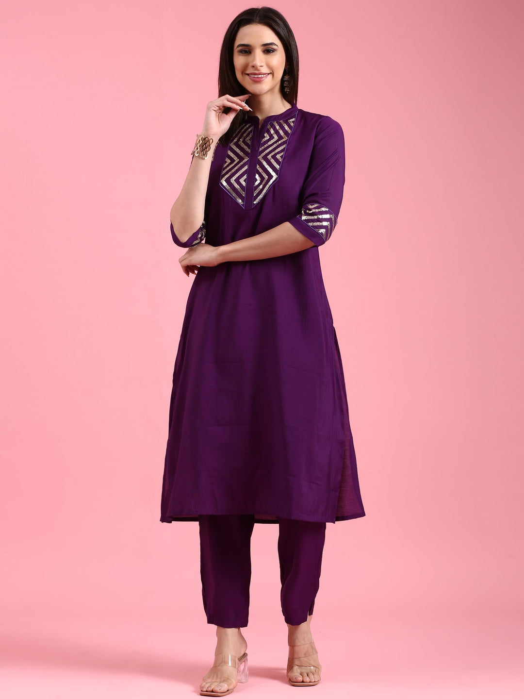 Neerus Purple silk kurta set - detail view 3