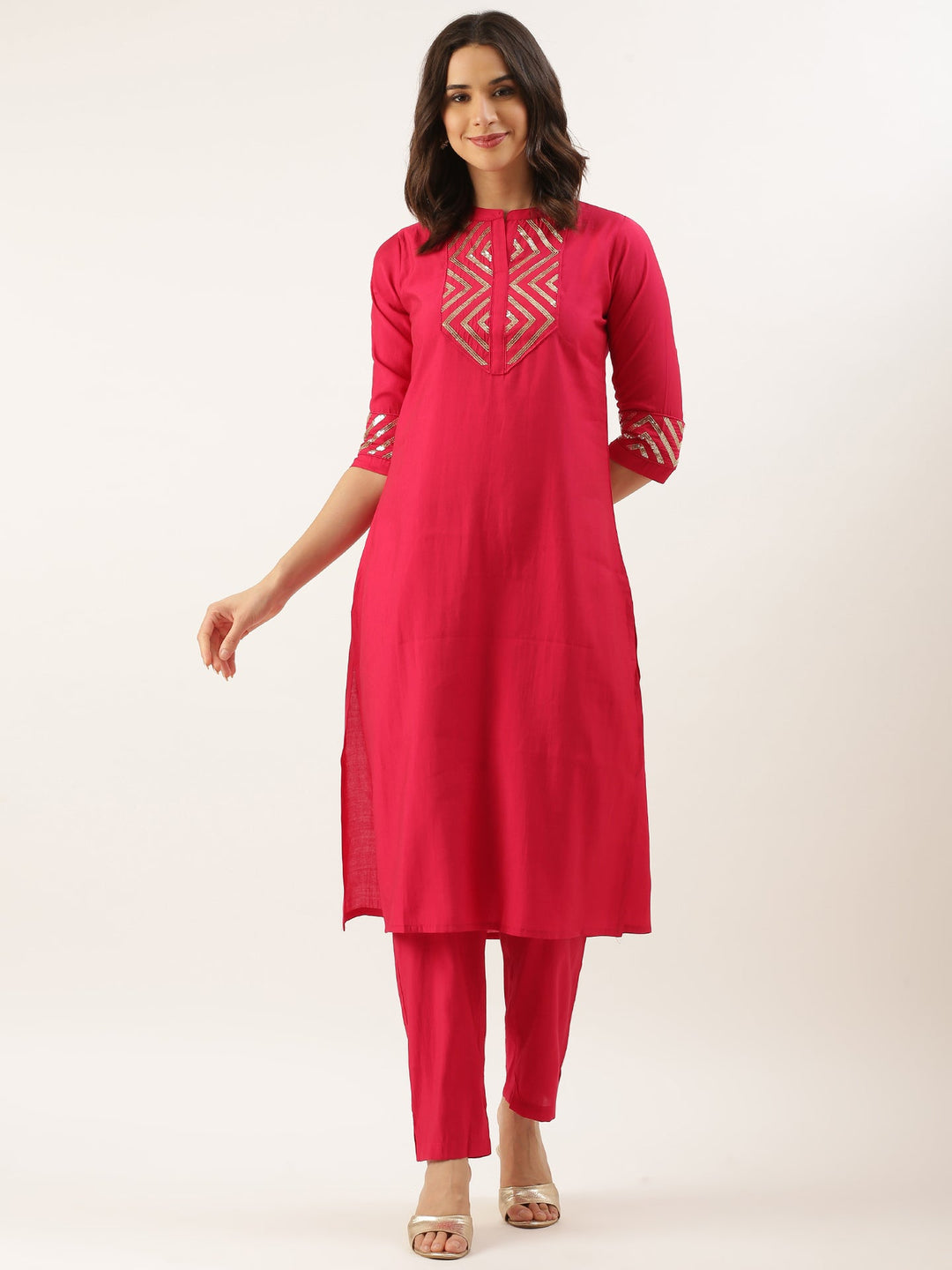 Neerus Pink silk kurta set - front view
