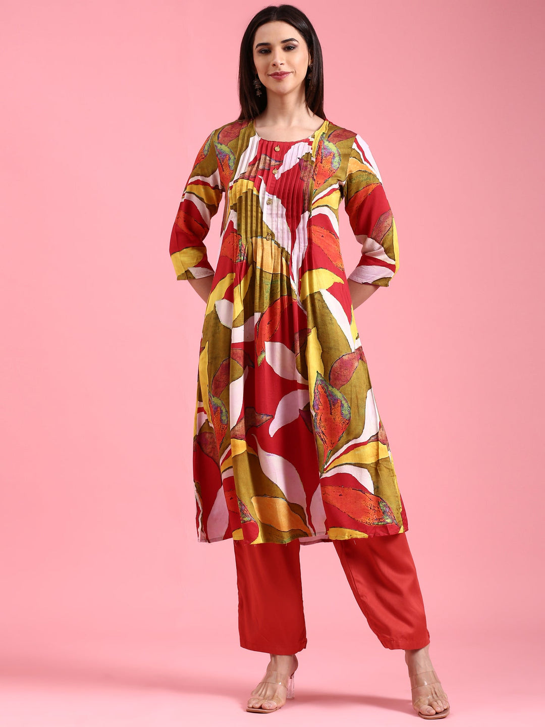 Neerus Orange rayon solid kurta set - back view