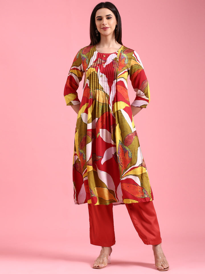 Neerus Orange rayon solid kurta set - back view