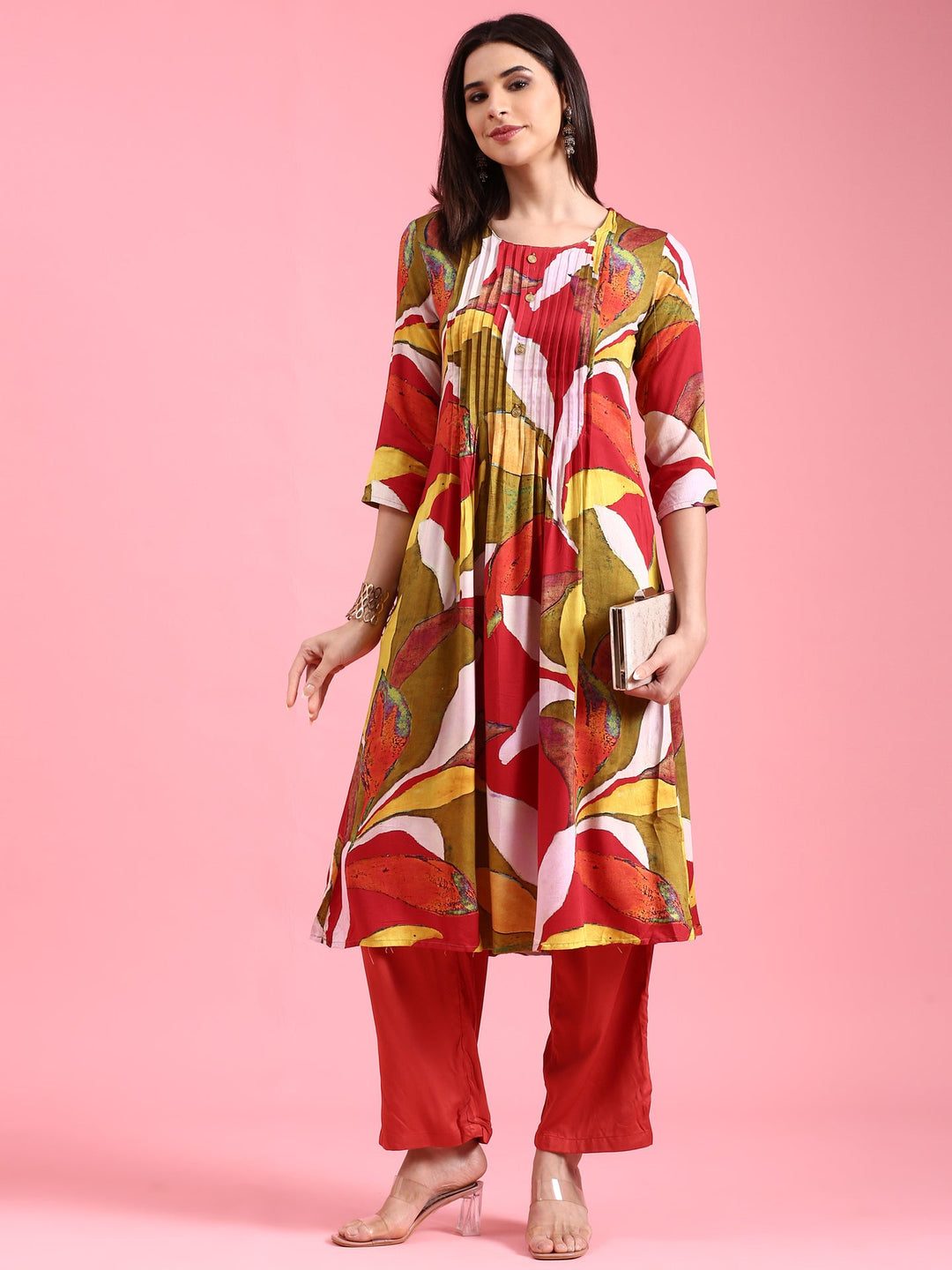 Neerus Orange rayon solid kurta set - front view