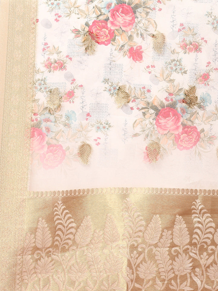 Cream Linen Fabric Thread work three piece suit set