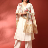 Cream Linen Fabric Thread work three piece suit set