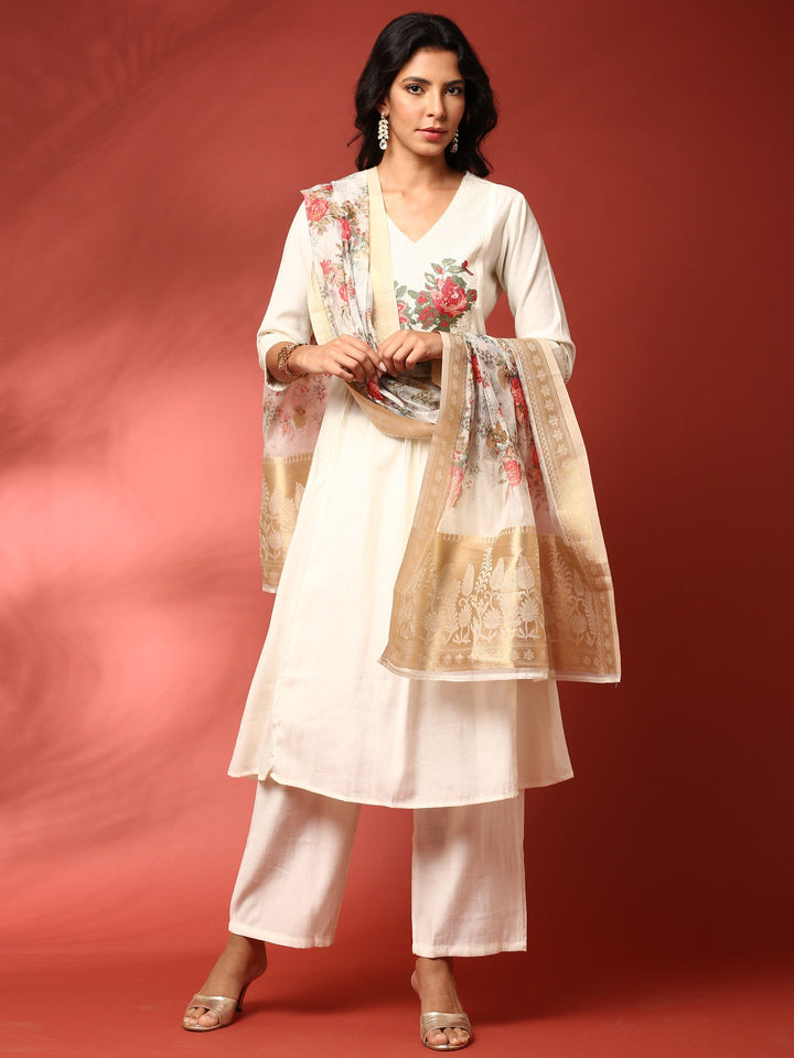 Neerus Beige linen thread embroidered suit set - front view
