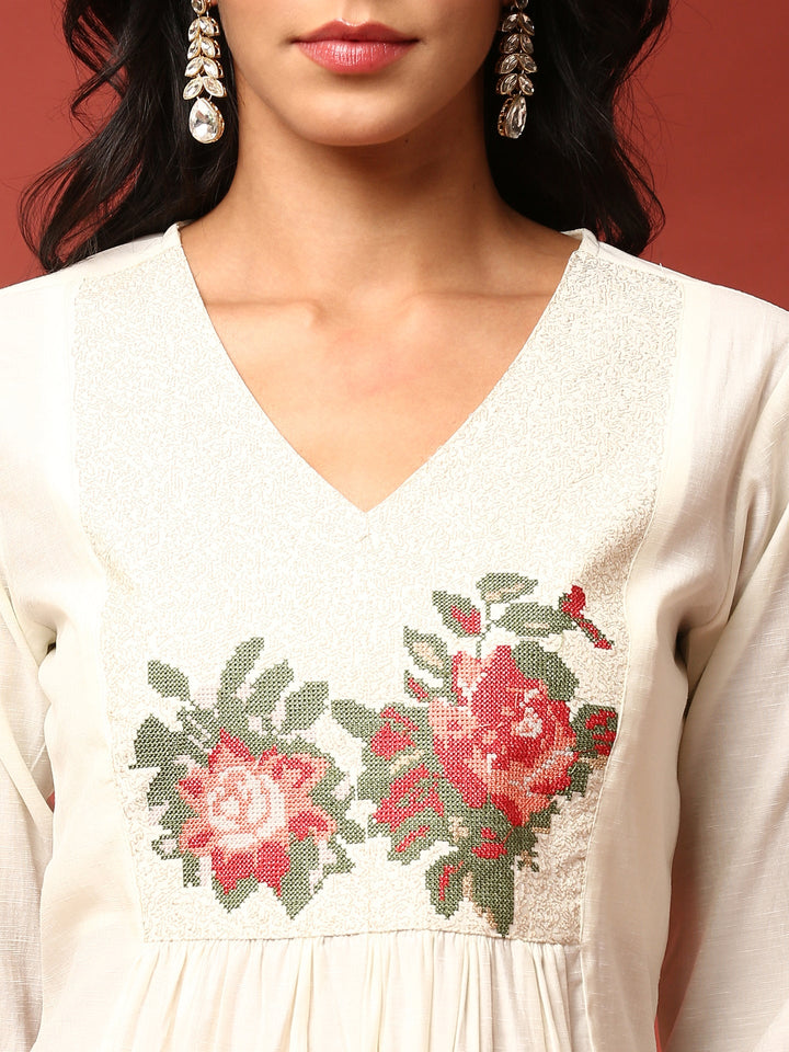 Cream Linen Fabric Thread work three piece suit set