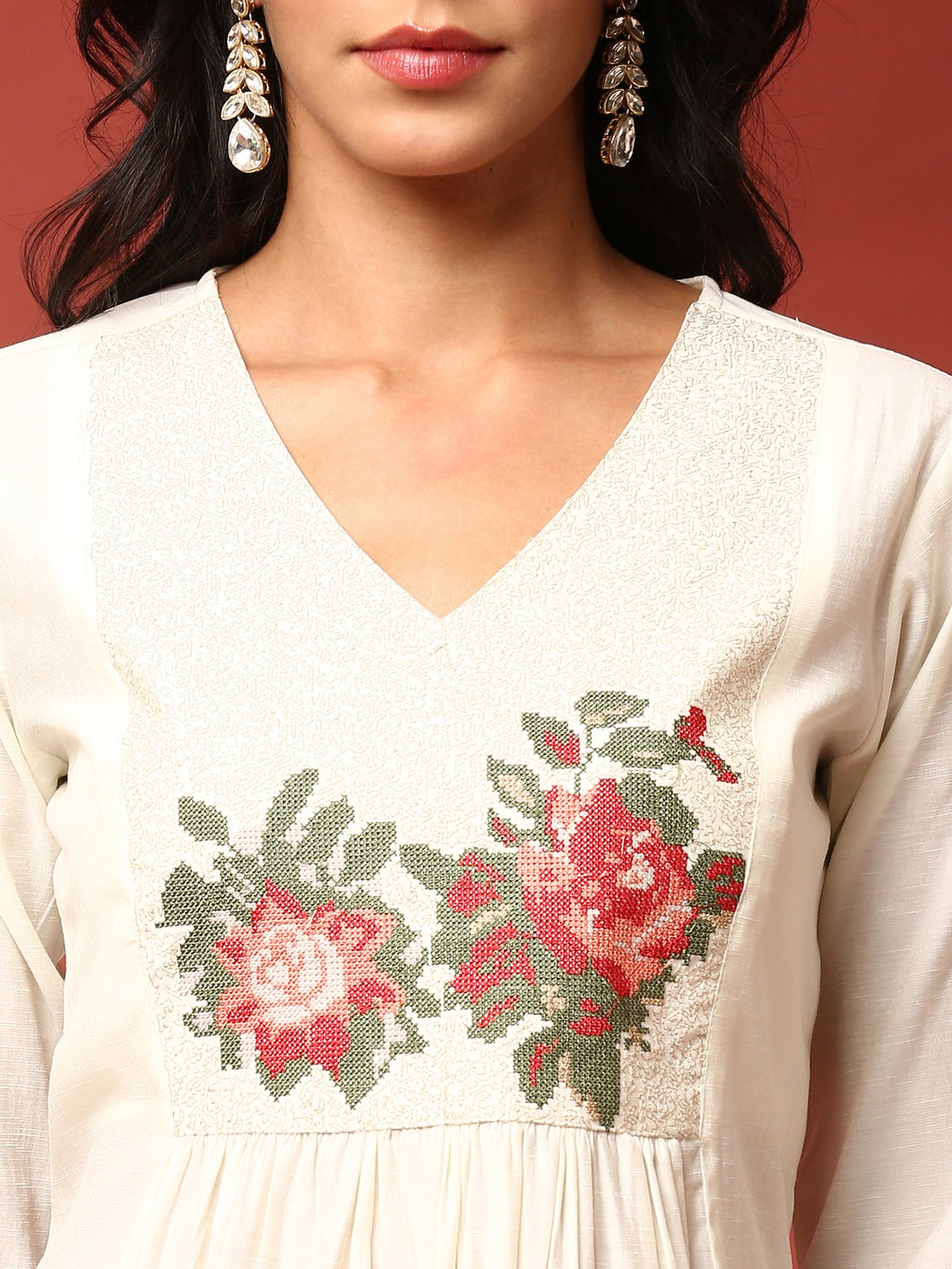 Neerus Beige linen thread embroidered suit set - detail view 1