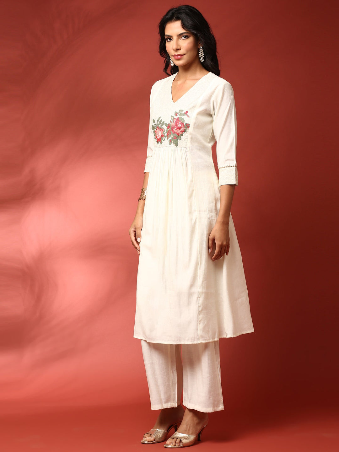 Neerus Beige linen thread embroidered suit set - back view