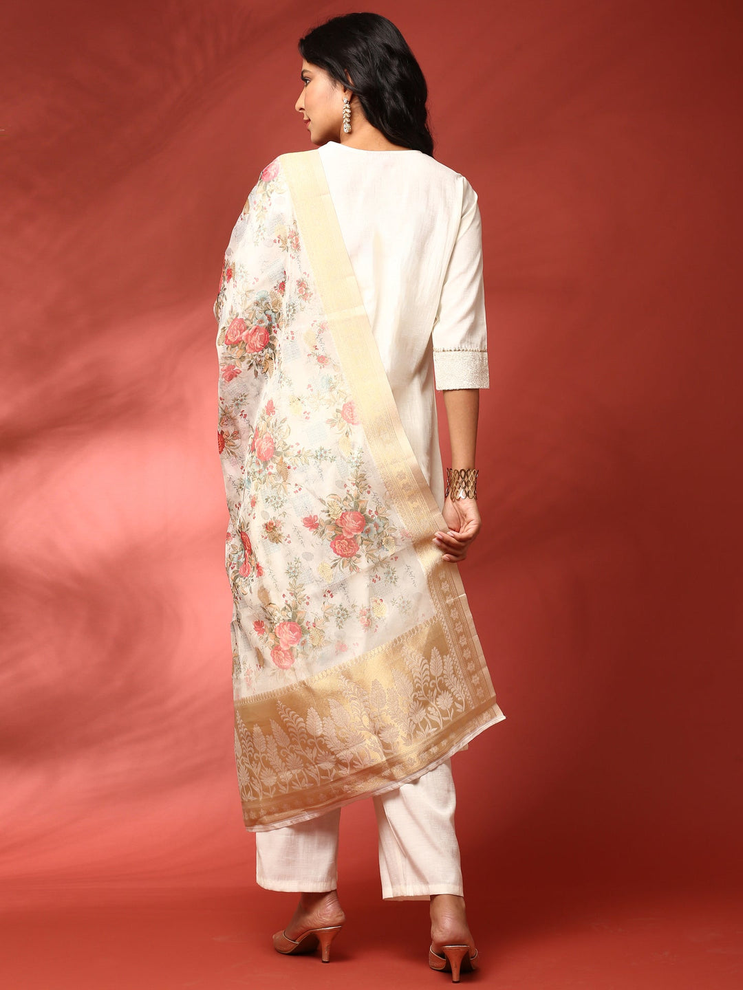 Neerus Beige linen thread embroidered suit set - side view