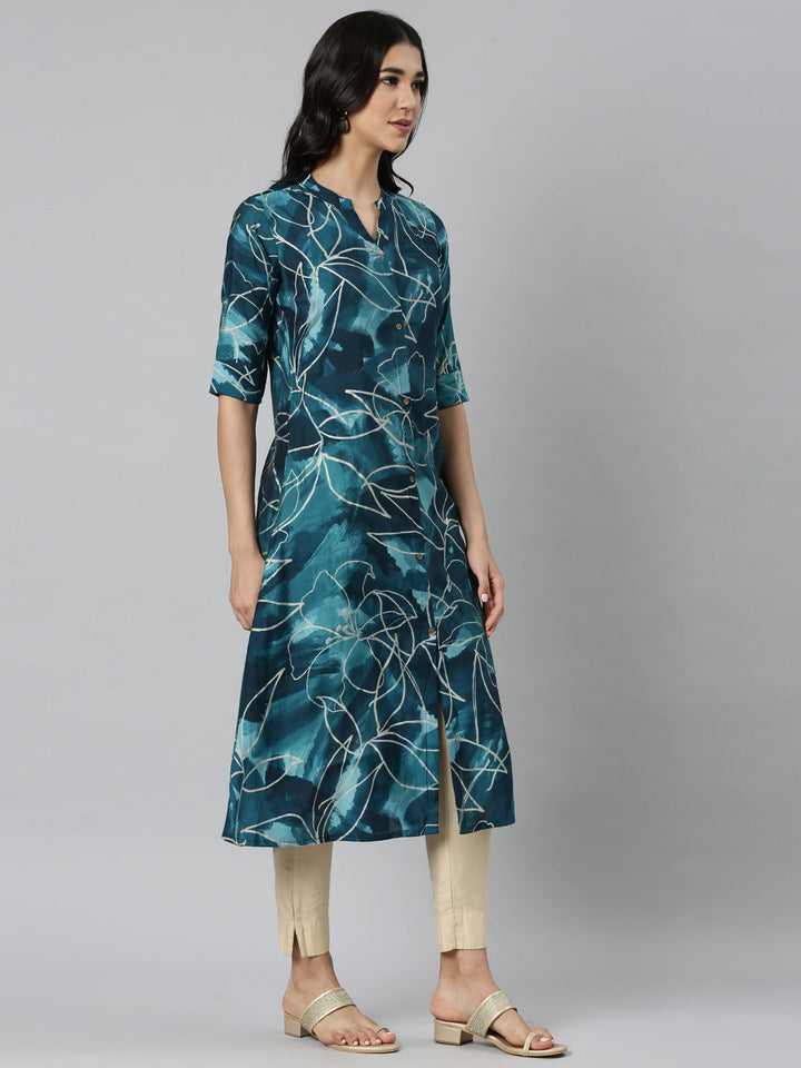 Neerus Blue Casual Floral Straight Kurtas