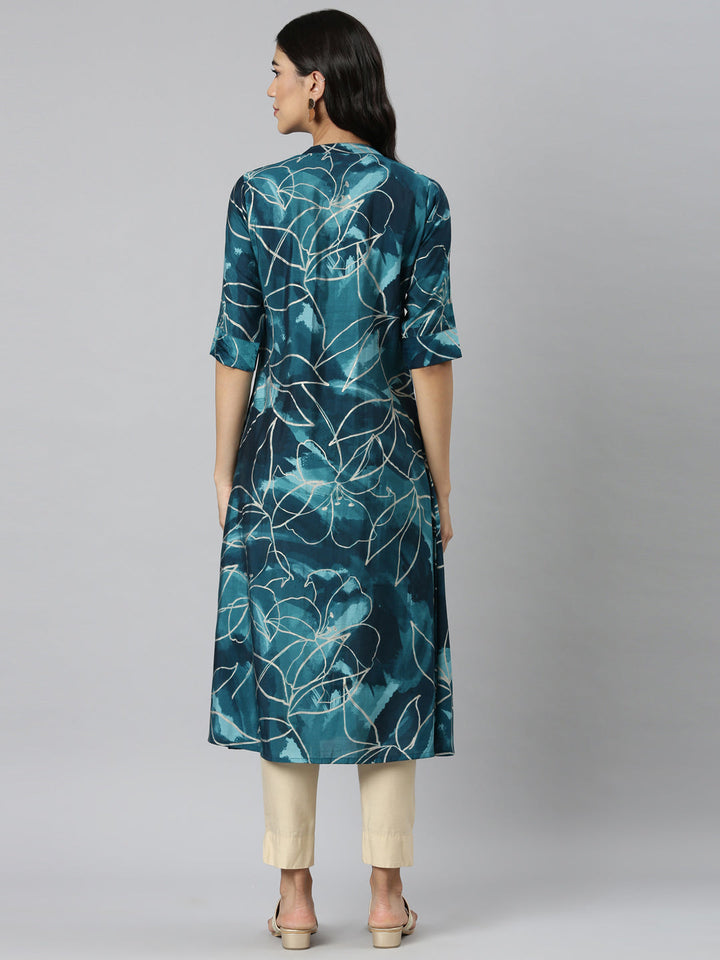 Neerus Blue Casual Floral Straight Kurtas