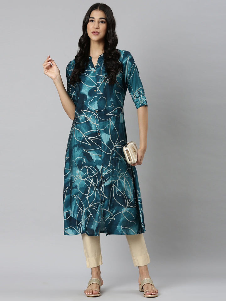 Neerus Blue Casual Floral Straight Kurtas