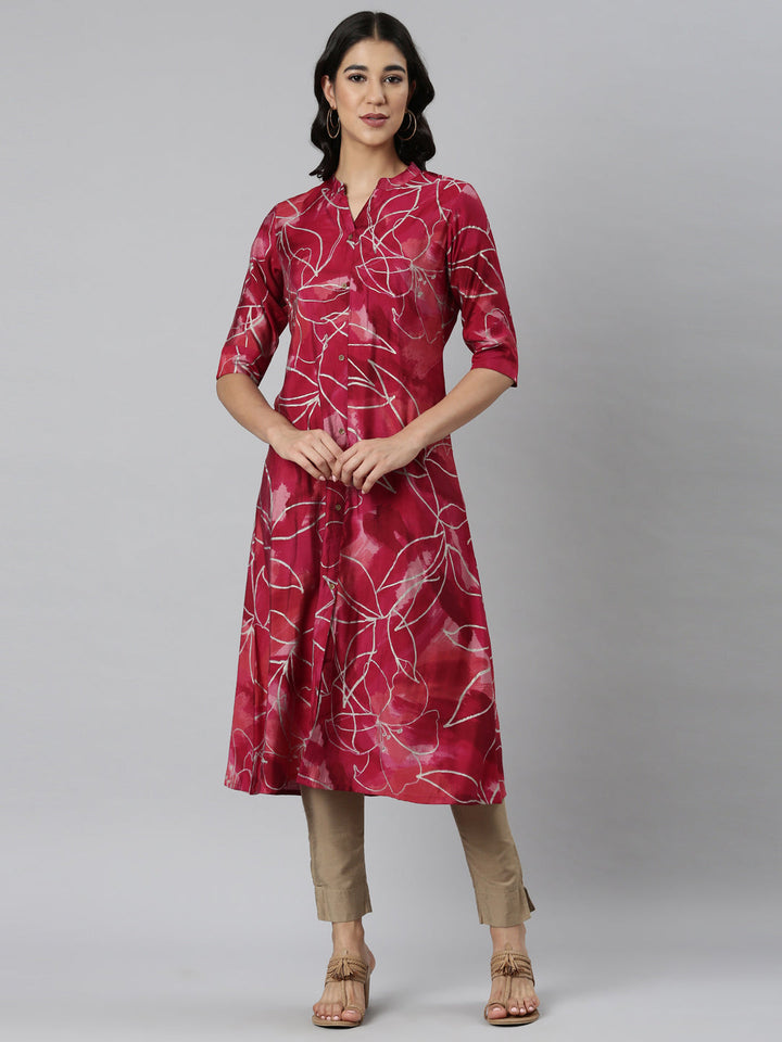 Neerus Purple Casual Floral Straight Kurtas