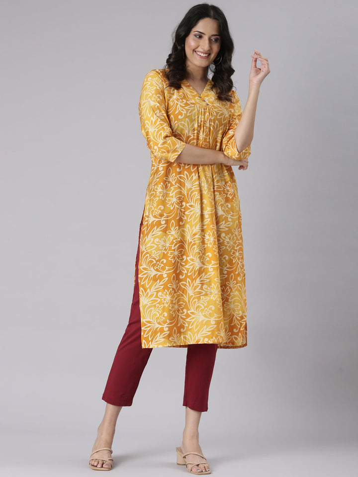 Neerus Mustard Casual Floral Straight Kurtas