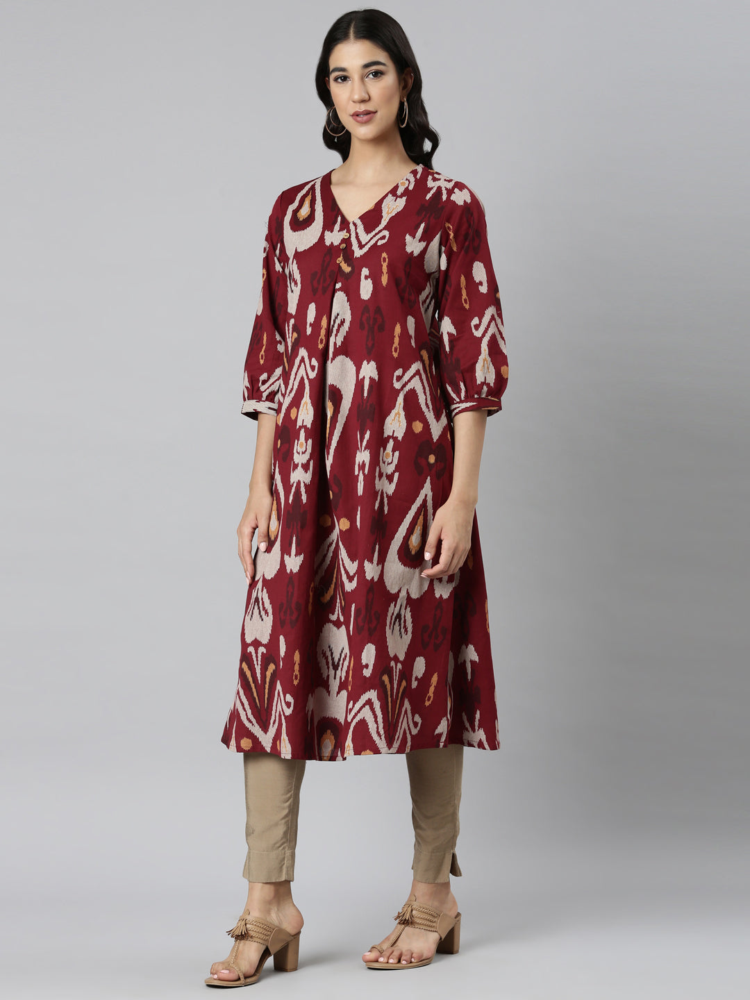 Neerus Maroon printed quirky straight kurti - back view