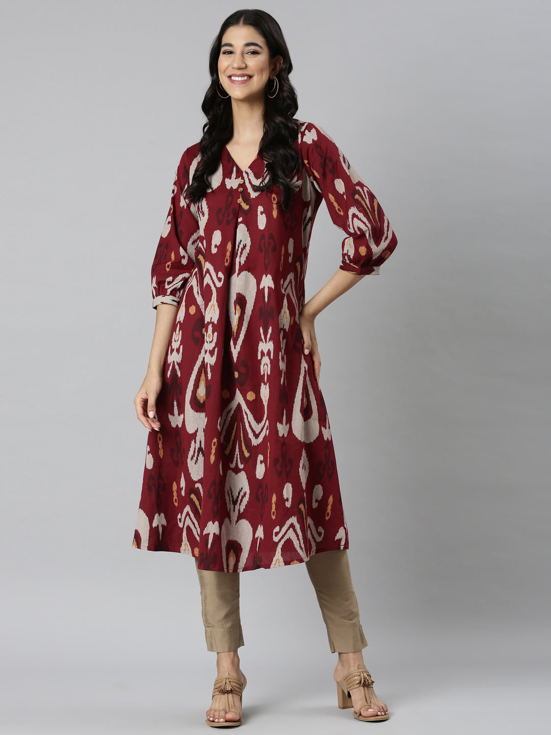 Neerus Maroon printed quirky straight kurti - detail view 3