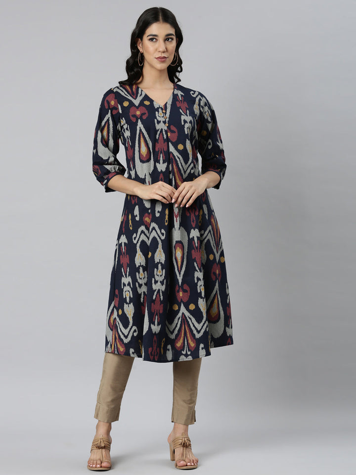 Neerus Blue printed quirky straight kurti - front view
