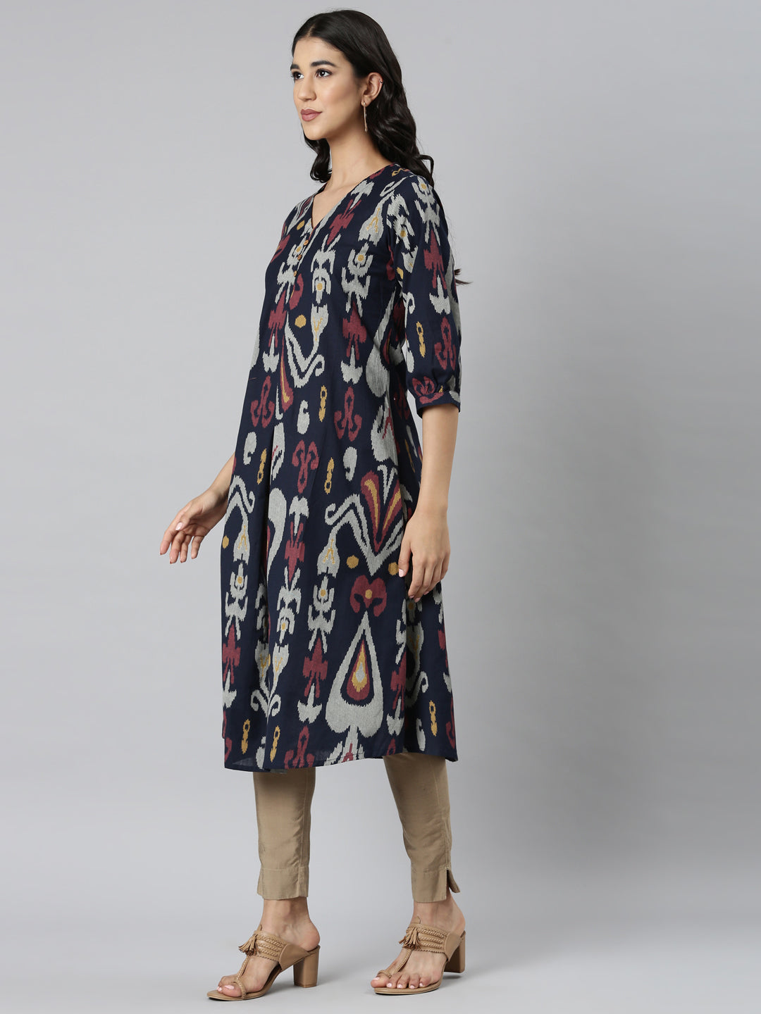 Neerus Blue printed quirky straight kurti - back view