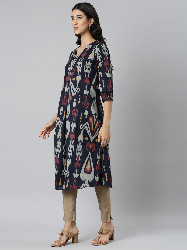 Neerus Blue printed quirky straight kurti - back view