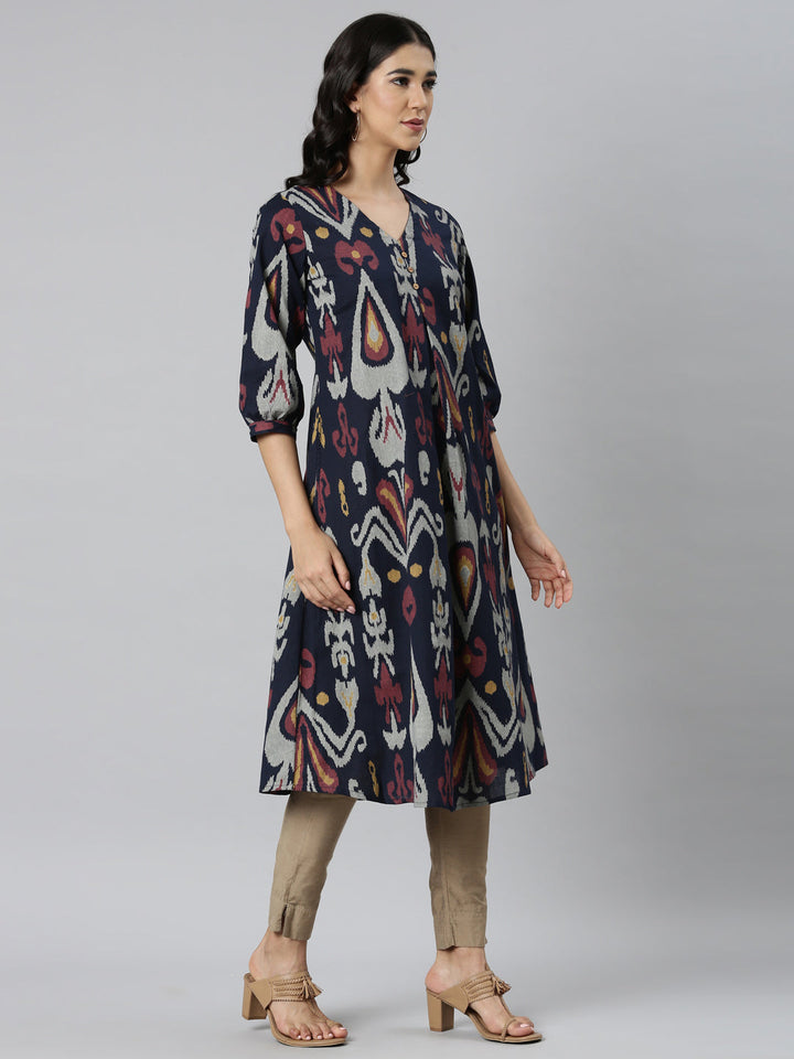 Neerus Blue printed quirky straight kurti - side view
