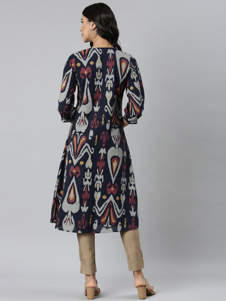 Neerus Blue printed quirky straight kurti - detail view 1