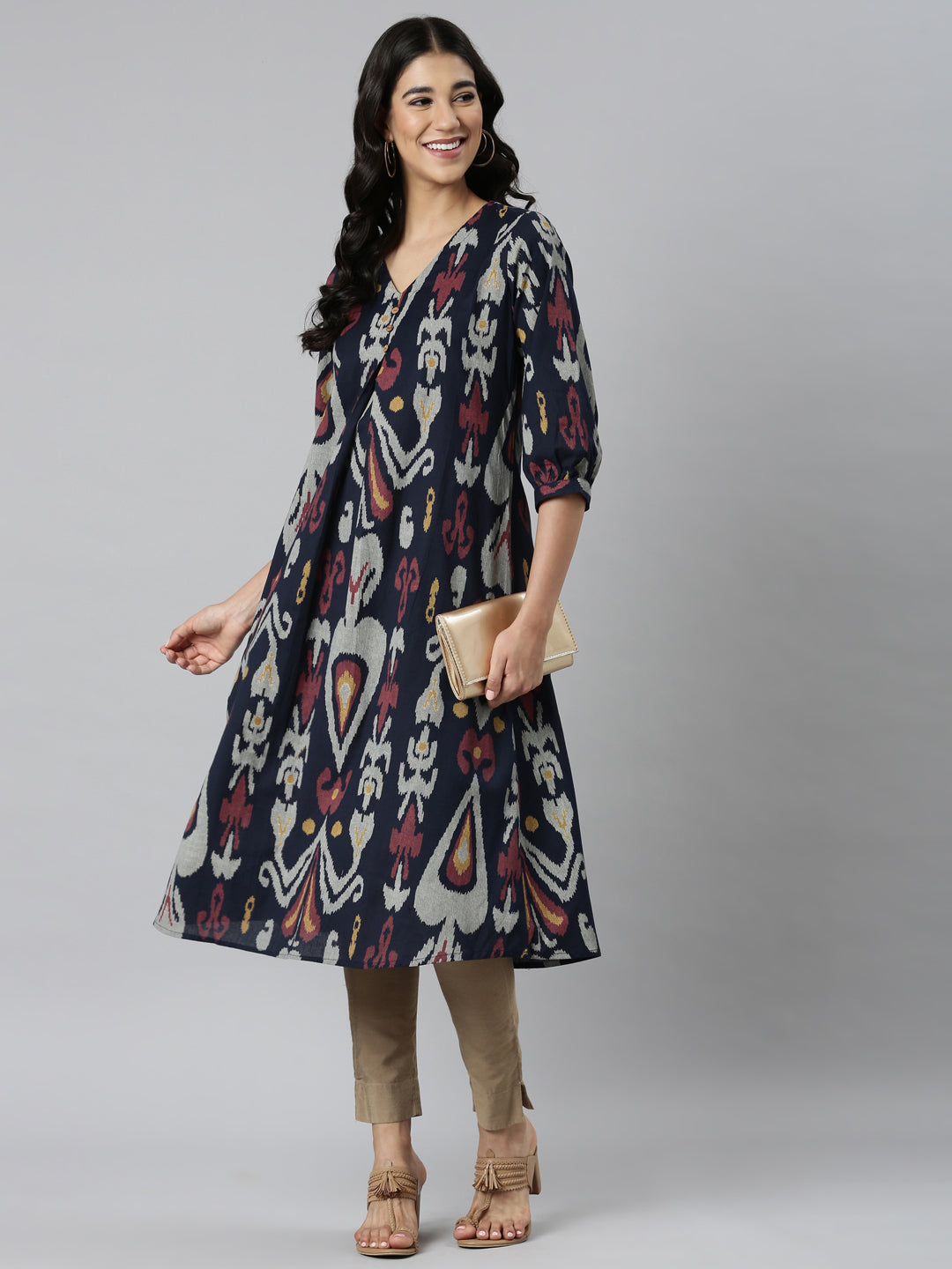 Neerus Blue printed quirky straight kurti - detail view 3