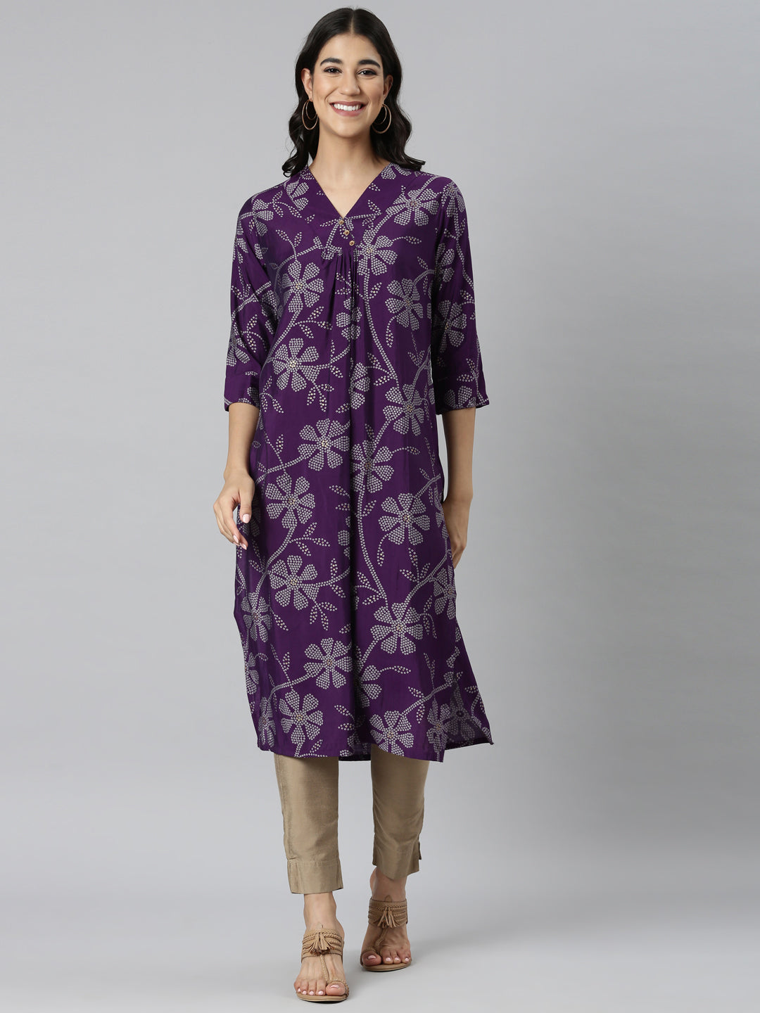 Neerus Purple modal bandhani printed kurti - front view
