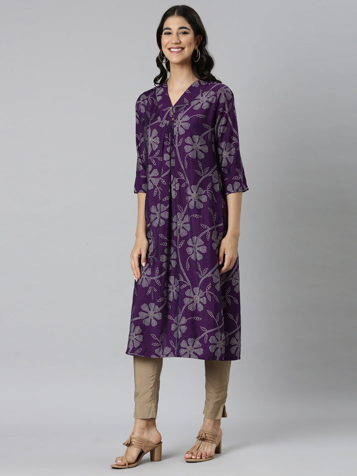 Neerus Purple modal bandhani printed kurti - back view