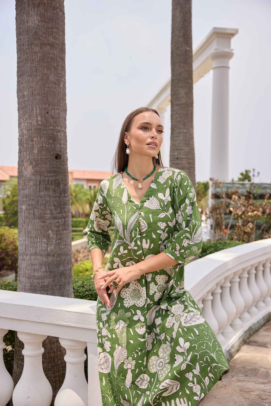 Neerus Green linen printed A-line kurti - detail view 2