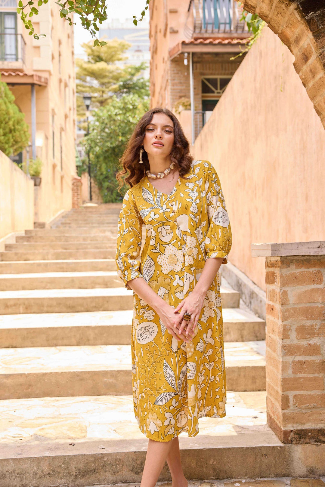 Neerus Yellow linen printed A-line kurti - detail view 2