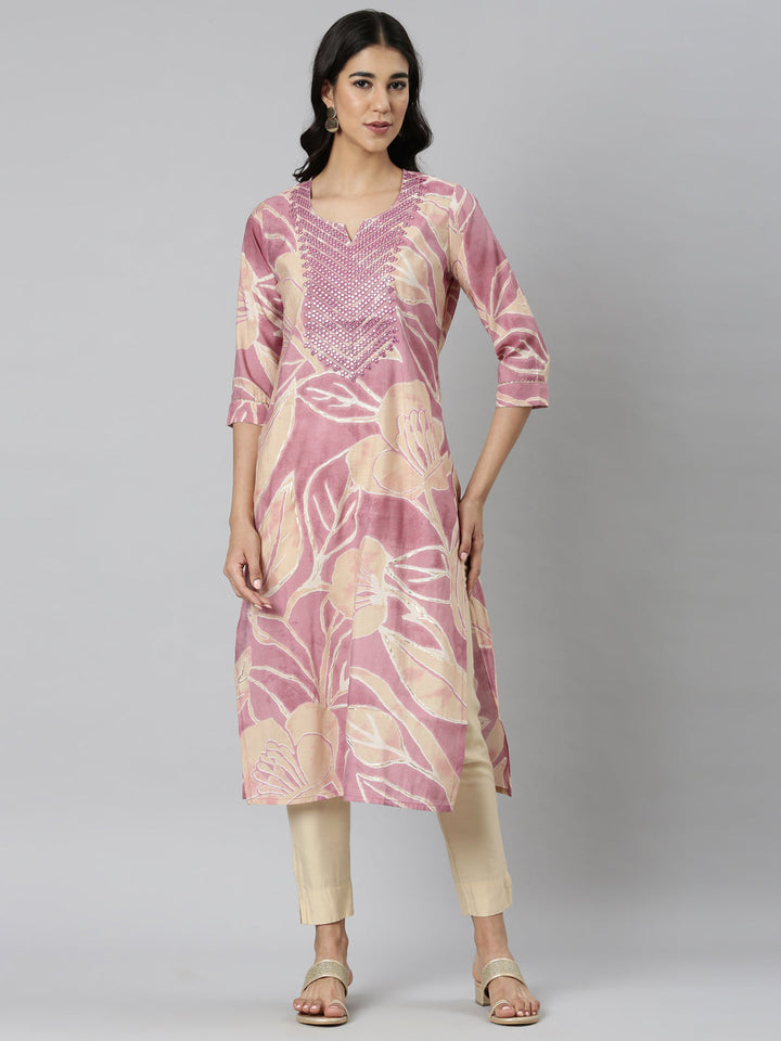 Neerus Pink Casual Floral Straight Kurtas