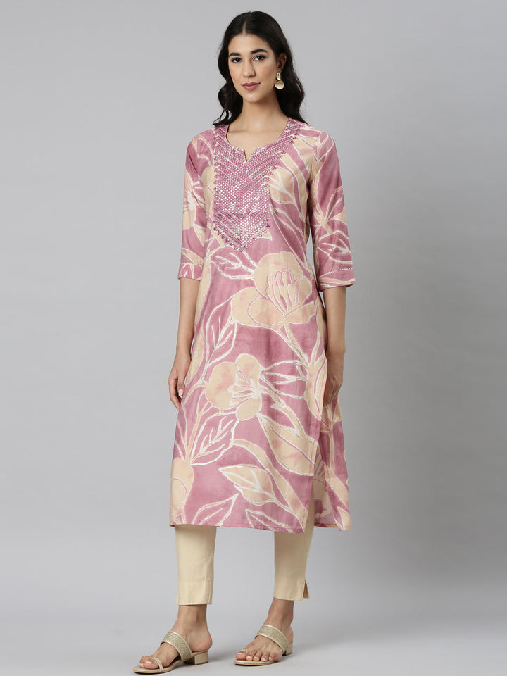 Neerus Pink Casual Floral Straight Kurtas