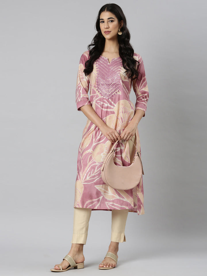 Neerus Pink Casual Floral Straight Kurtas