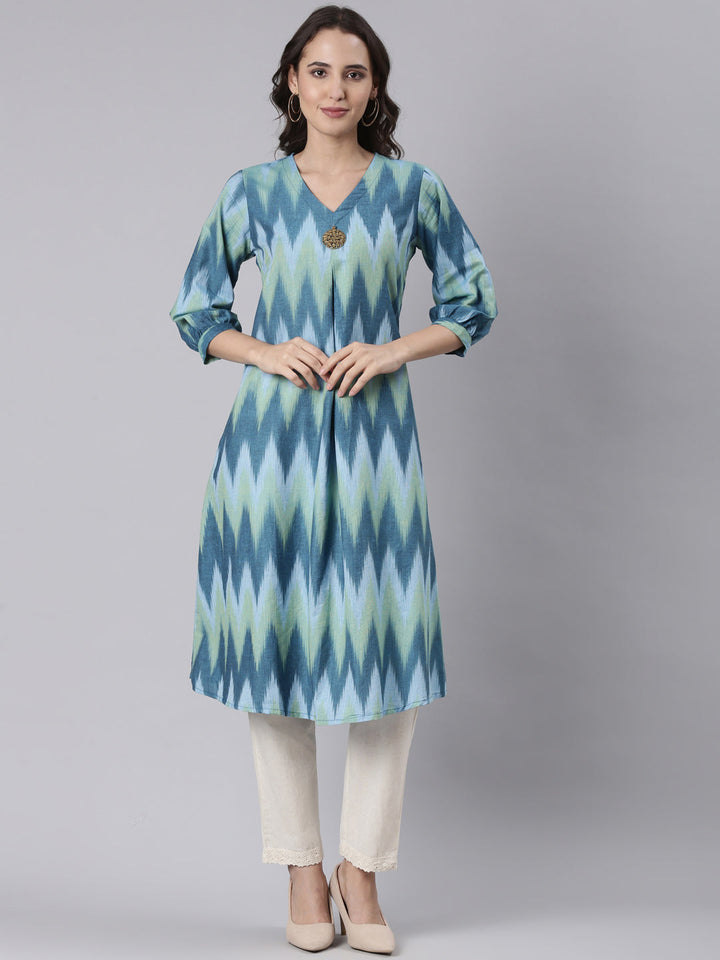 Neerus Blue cotton ikat printed kurti - front view