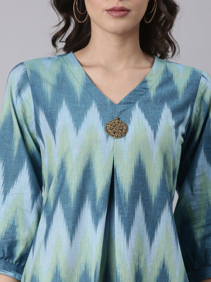 Neerus Blue cotton ikat printed kurti - detail view 1