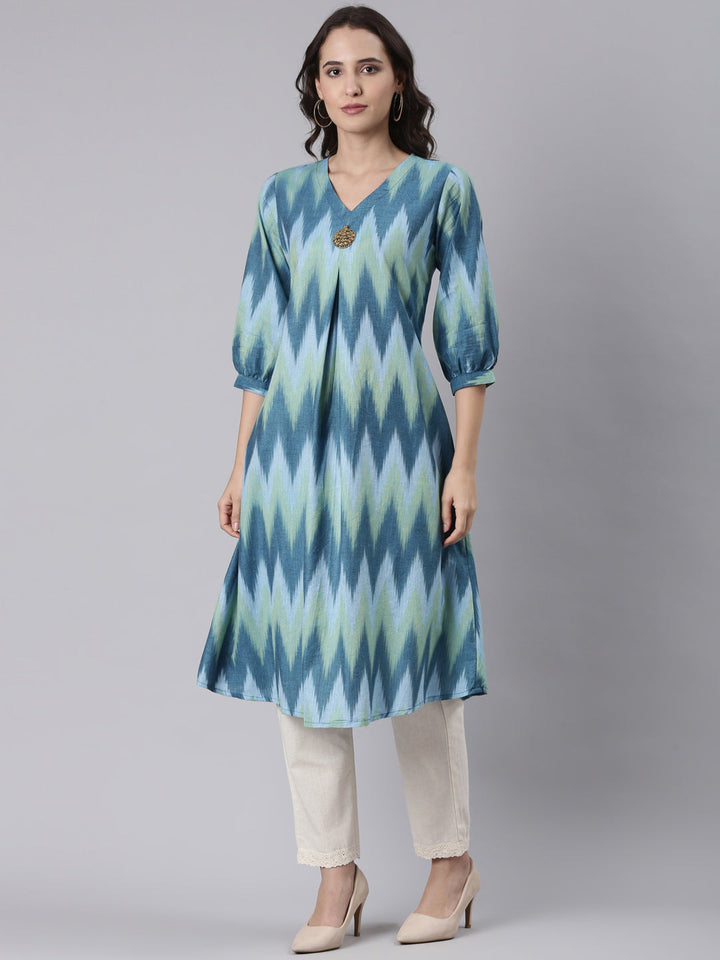 Neerus Blue cotton ikat printed kurti - back view
