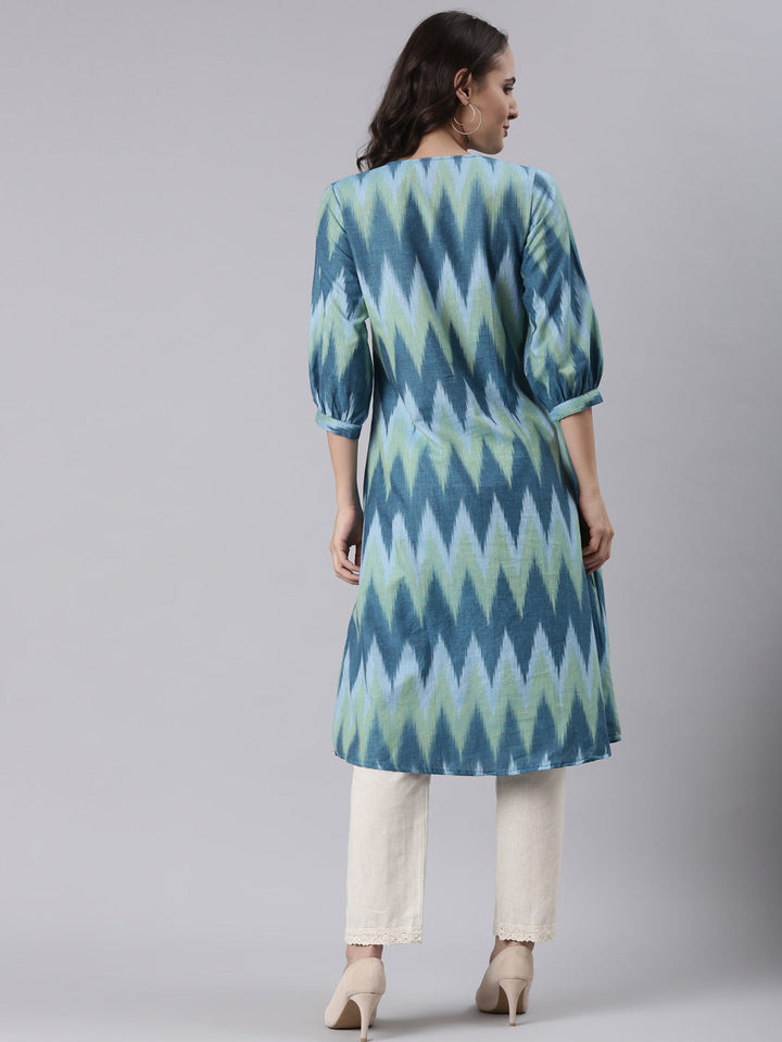 Neerus Blue cotton ikat printed kurti - side view