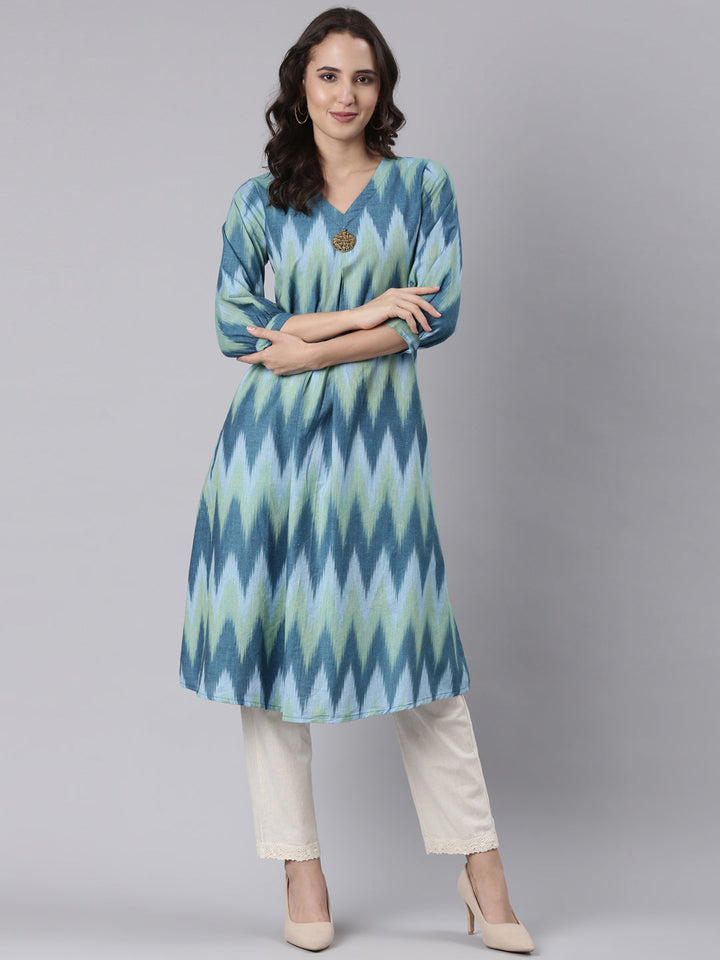 Neerus Blue cotton ikat printed kurti - detail view 2