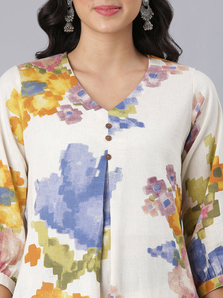 Neerus Off White A-Line Casual Floral Kurtas