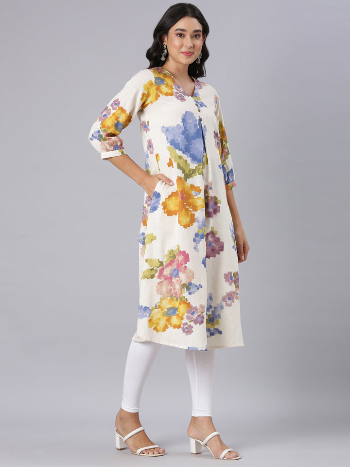 Neerus Off White A-Line Casual Floral Kurtas