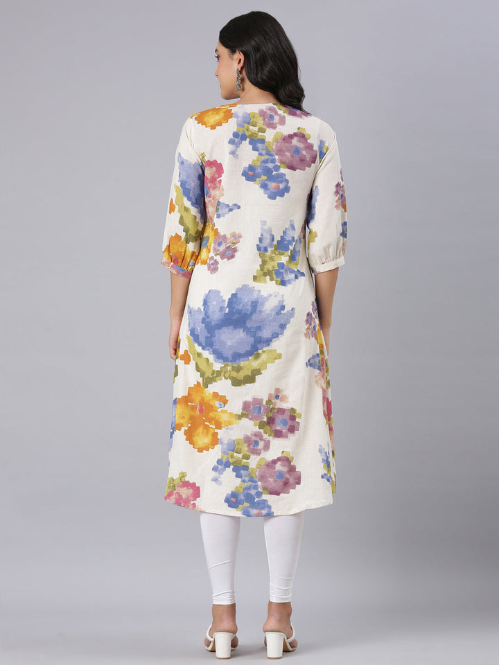 Neerus Off White A-Line Casual Floral Kurtas