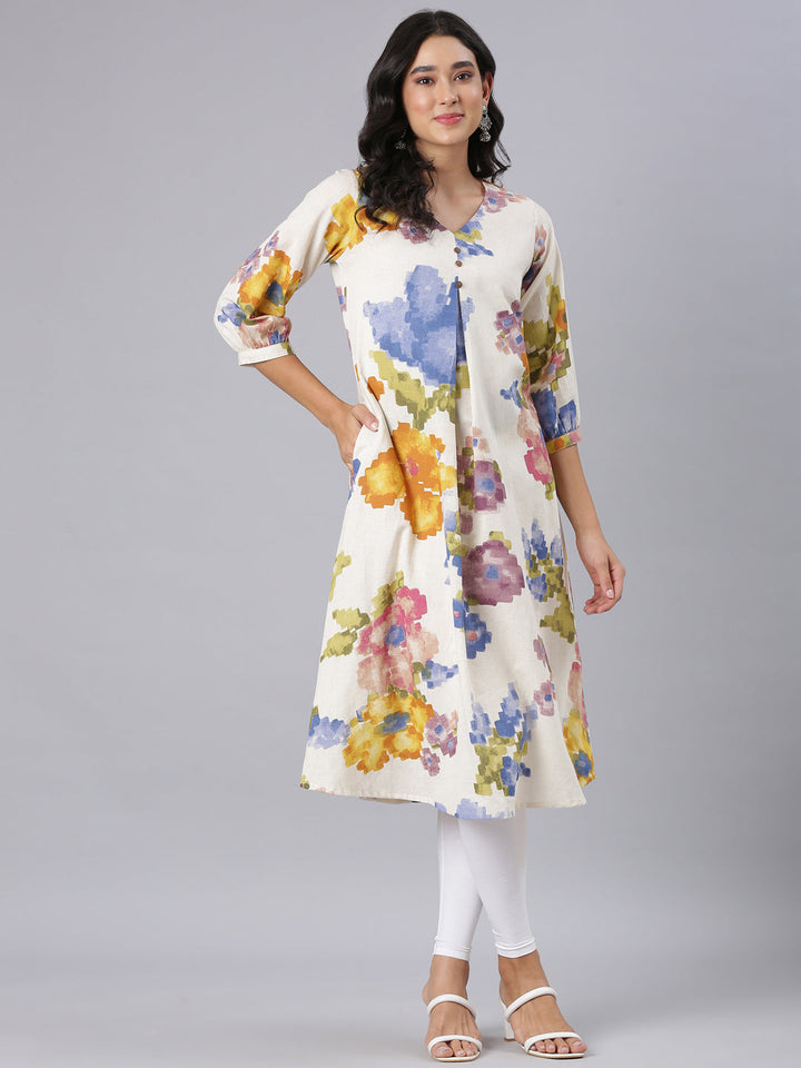 Neerus Off White A-Line Casual Floral Kurtas