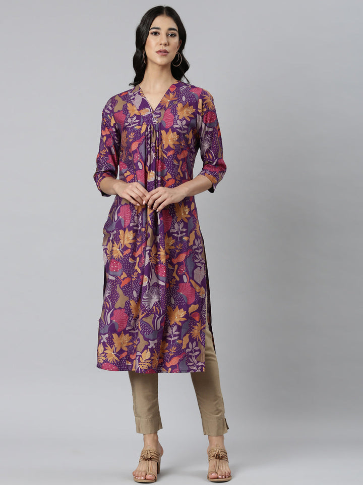Neerus Purple Casual Quirky Straight Kurtas
