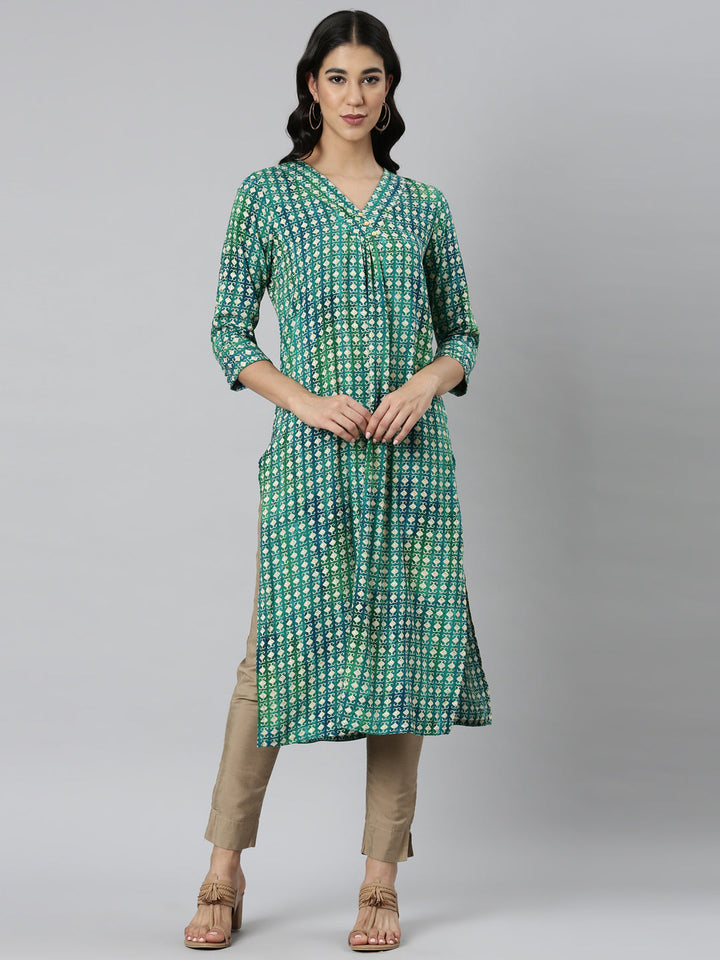 Neerus Green Casual Ethnic Motifs Straight Kurtas